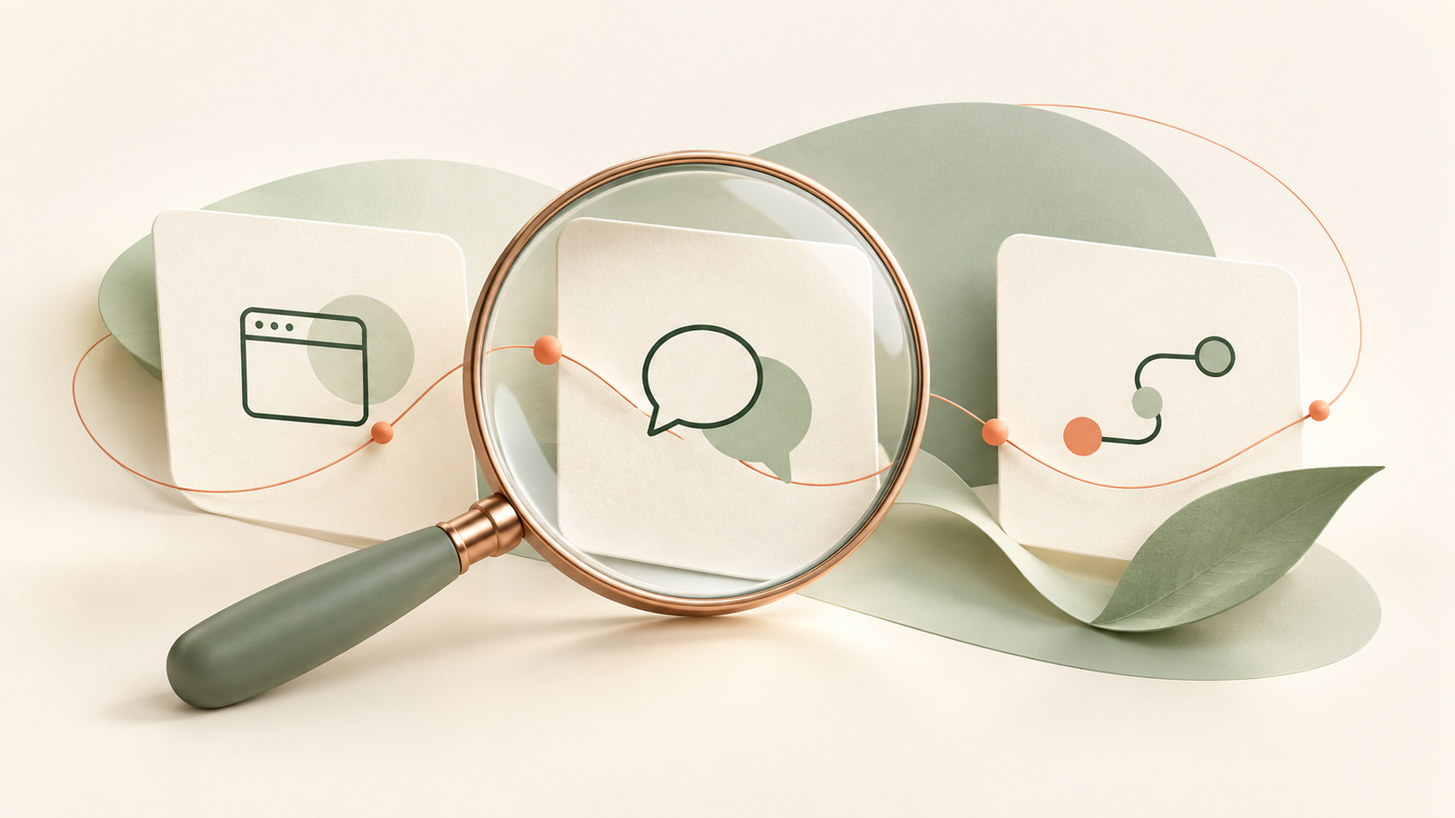 Editorial illustration of a digital review: website, conversation and connected workflows.